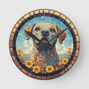 Horloge Ronde Portrait de Labrador en mosaïque dans un cadre de