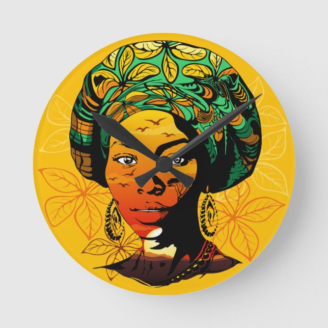 Horloge Ronde Portrait féminin africain avec coucher de soleil (Recto)
