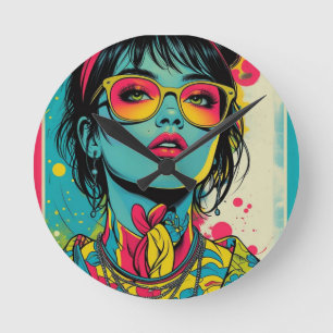 Horloge Ronde Portrait Neon Pop Diva - Art rétro gras et dynamiq