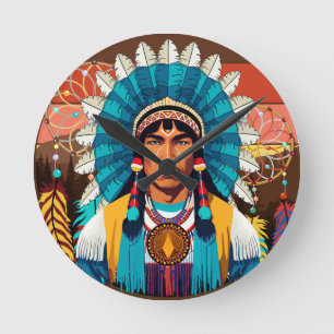 Horloge Ronde Portrait puissant en chef amérindien