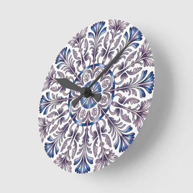 Horloge Ronde Portuguese Azulejo Blue Floral Pattern Wall Clock  (Angle)
