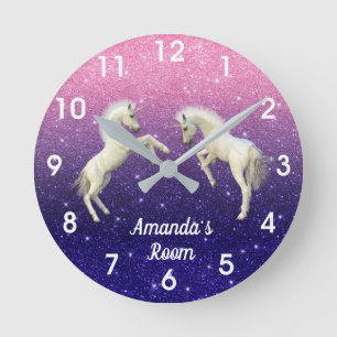 Horloge Ronde Poulains de licorne violet et rose p