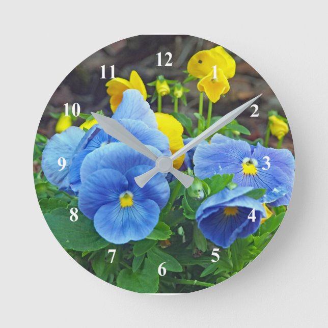 Horloge Ronde Pretty Blue et Yellow Panpany Floral Photo (Recto)