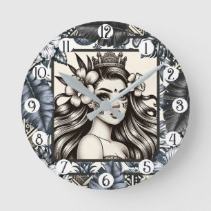 Horloge Ronde Princesse polynésienne Bleu Floral Tribal