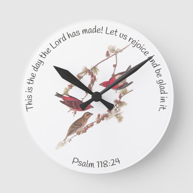 Horloge Ronde Psaume 118:24 et trois oiseaux rouges (Recto)
