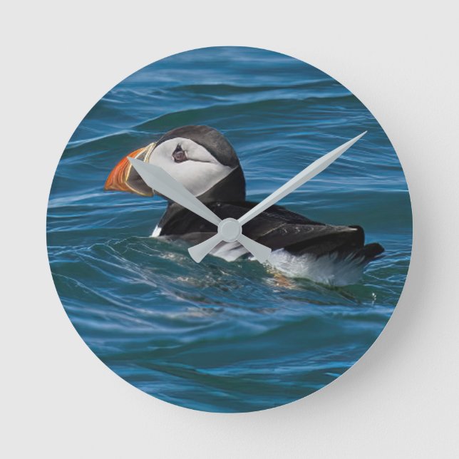 Horloge Ronde Puffin en mer imitation toile imprimer clé d'impre (Recto)