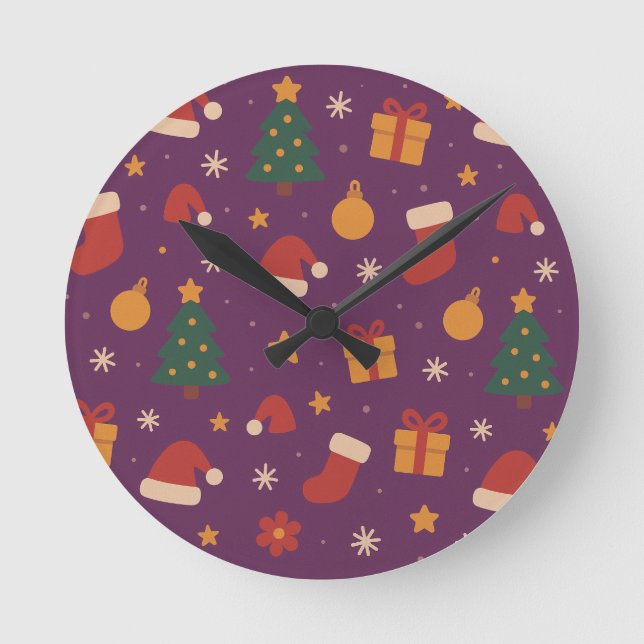 Horloge Ronde Purple Christmas Pattern Aesthetic – Cute Holiday  (Recto)
