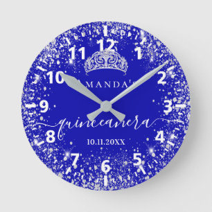 Horloge Ronde Quinceanera royal bleu argent parties scintillant