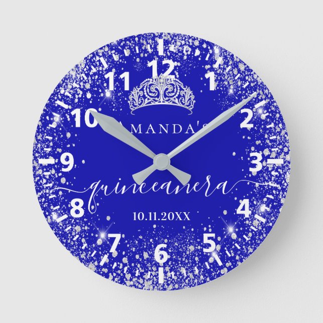 Horloge Ronde Quinceanera royal bleu argent parties scintillant  (Recto)