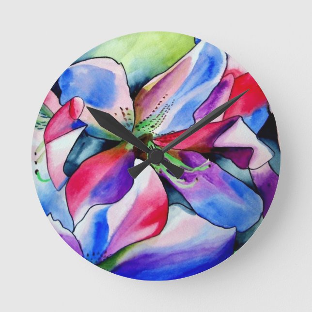 Horloge Ronde Rainbow Azalea fleur aquarelle originale (Recto)
