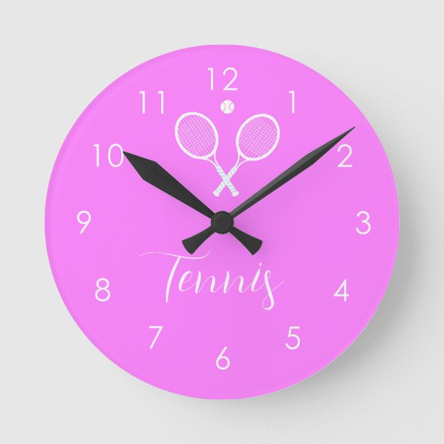Horloge Ronde Raquettes de tennis et boule rose profond (Recto)