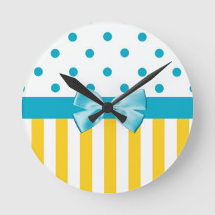 Horloge Ronde Rayures jaunes à la mode avec le ruban bleu