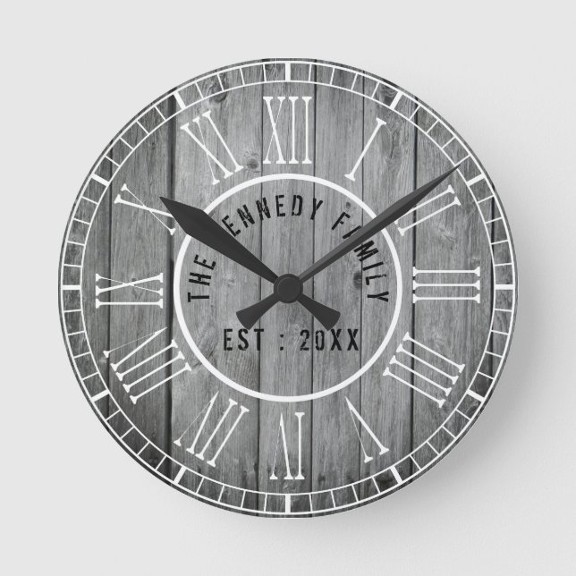 Horloge Ronde Reclaimed Wood Farmhouse White Roman Numerals (Recto)