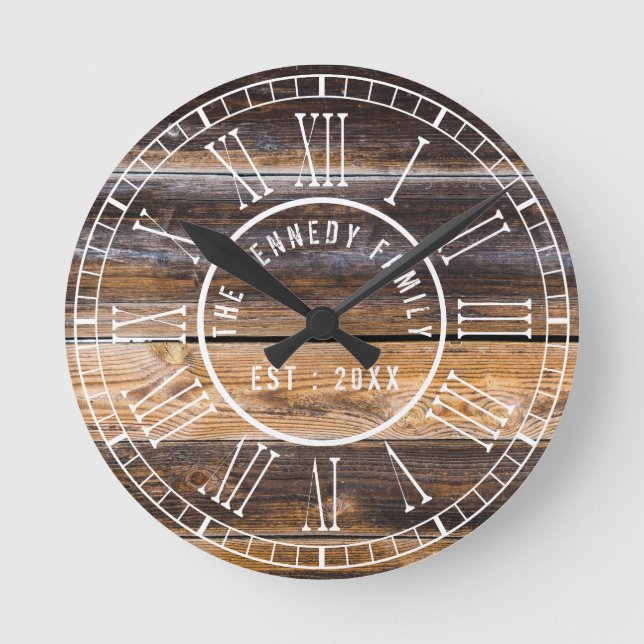 Horloge Ronde Reclaimed Wood Farmhouse White Roman Numerals (Recto)