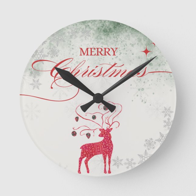 Horloge Ronde Red Reindeer Silver Snowflakes Green Christmas (Recto)