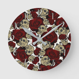 Horloge Ronde Red Roses & Skulls Black Floral Gothic White