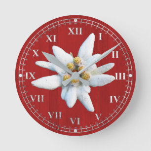 Horloge Ronde Red Wood Look with White Edelweiss Bloom