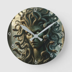 Horloge Ronde Regard de Méduse Tête de Mort de Serpents