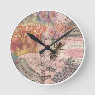 Horloge Ronde Reine Abeille Vintage Beau Collage