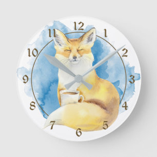 Horloge Ronde Renard mignon avec Coffee Cup en bleu