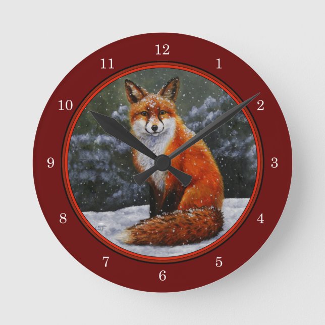 Horloge Ronde Renard rouge mignon en neige hivernale (Recto)