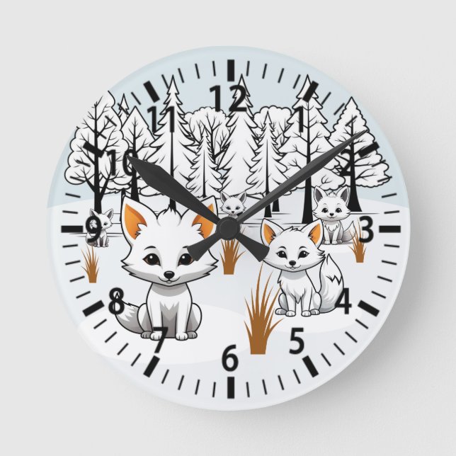 Horloge Ronde Renards arctiques - Paysage hivernal (Recto)