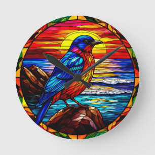 Horloge Ronde Représentation colorée d'un oiseau en vitrail
