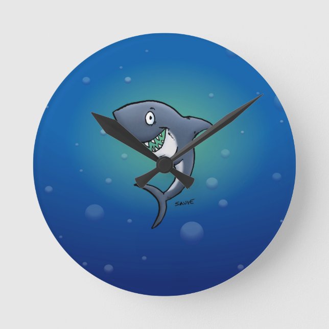 Horloge Ronde Requin drôle souriant sur fond bleu (Recto)