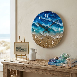 Horloge Ronde Résine de vague bleue Sable de plage numéroté