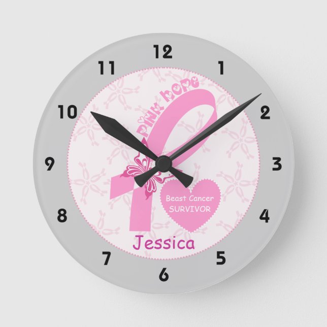 Horloge Ronde Résurrection du cancer du sein rose, frontière gri (Recto)
