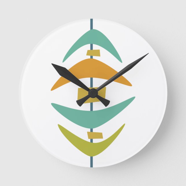 Horloge Ronde Rétro Boomerang Aqua Orange Vert milieu du siècle (Recto)