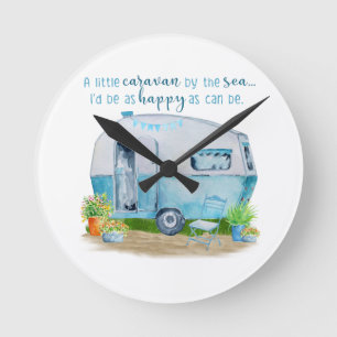 Horloge Ronde Rétro caravane vintage bleue mignonne de campeur