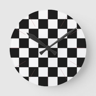 Horloge Ronde Rétro hippie 2 de damier noir et blanc
