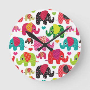 Horloge Ronde rétro papier peint de motif d'enfants d'éléphant