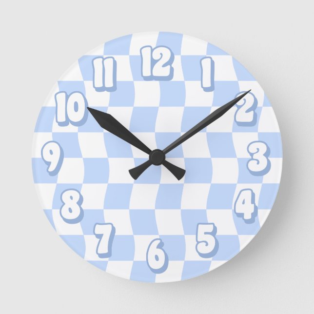 Horloge Ronde Retro Pastel Blue White Wavy Checker (Recto)