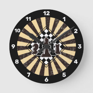 Horloge Ronde Retro Sunburst Grunge Brown & Beige Chess Board