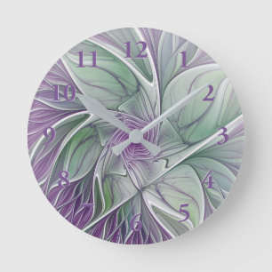 Horloge Ronde Rêve de fleurs, Abstrait violet vert Fractal Art