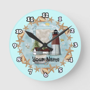 Horloge Ronde Rhode Island Shell Lighthouse nom personnalisé