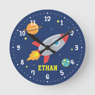 Horloge Ronde Rocket Blast Off Outer Space, Kids Room Decor