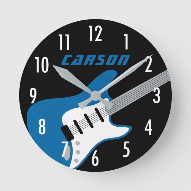 Horloge Ronde Rockstar Blue et Black Guitare Monogramme Nom Enfa (Recto)