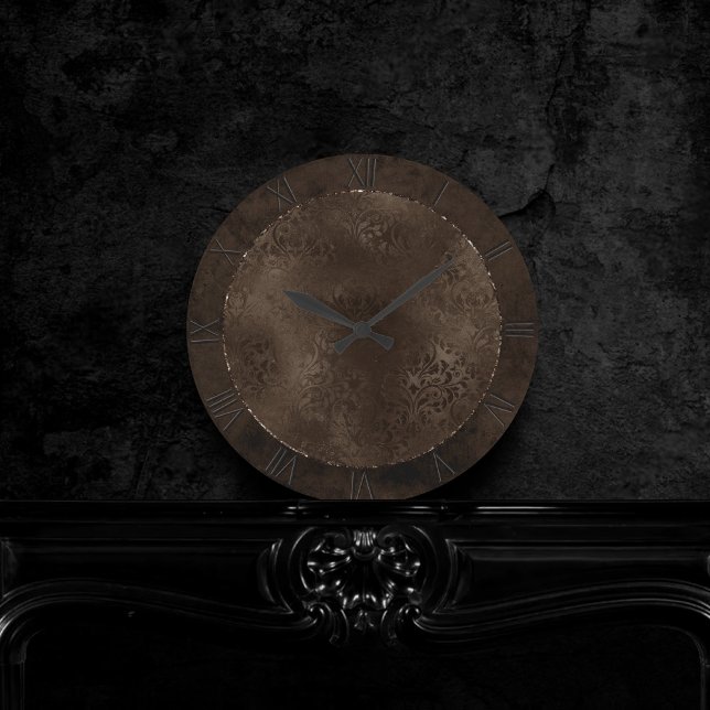 Horloge Ronde Romance en bronze de minuit | Satiny Grunge Damask (Créateur téléchargé)
