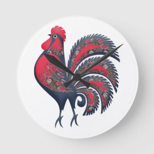 Horloge Ronde Rooster rouge stylisé - animaux de ferme.  Bois A