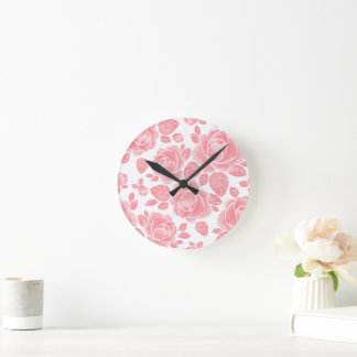 Horloge Ronde Rose aquarelle rose - Floral romantique