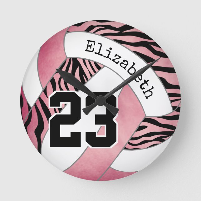 Horloge Ronde rose avec motif zèbre volleyball personnalisé (Recto)