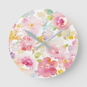 Horloge Ronde Rose d'aquarelle du milieu de l'été   floral