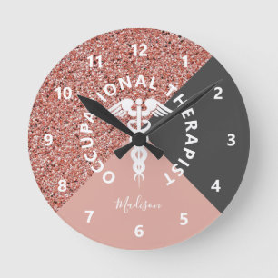 Horloge Ronde Rose d'ergothérapeute Gold Pink Nom de la Parties