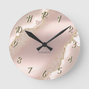 Horloge Ronde Rose élégant Marbre Parties scintillant or chic