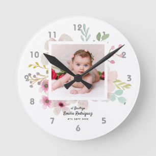 Horloge Ronde Rose florale rose PHOTO BAUTIZO baptême filles nom