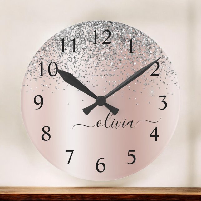 Horloge Ronde Rose Gold - Blush Pink Silver Parties scintillant  (Créateur téléchargé)