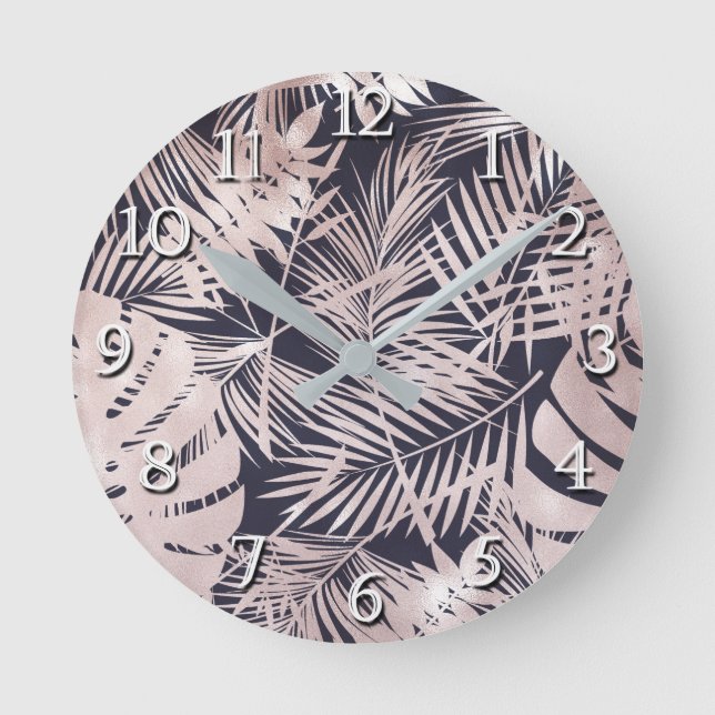 Horloge Ronde Rose Gold Pink Dark Tropical Palm Tree Leaves (Recto)